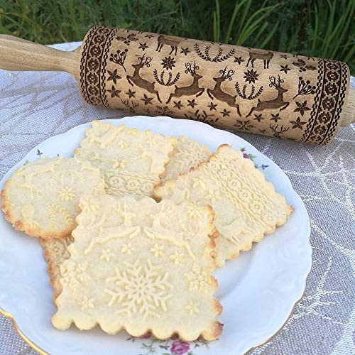Christmas Wooden Rolling Pins Amiley Engraved Embossing Rolling Pin with Christmas Symbols for Baking Embossed Cookies  38 cm Reindeer Christmas Snowflake Pattern