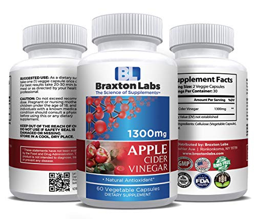 Braxton Labs Apple Cider Vinegar 1300mg  60 Vegetable Capsules  Natural Antioxident  Supports Digestion  Natual Detoxifier  Non GMO  Gluten Free  Vegan Friendly  Made in The USA in a GMP Facility