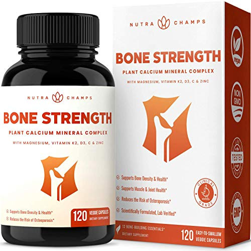Bone Strength Supplement with Plant Based Calcium  Magnesium  Potassium  Zinc  Strontium  Vitamin K2 D3  and  C - Best Whole Food Vitamin  and  Mineral Complex Pills for Bone Health - 120 Vegan Capsules