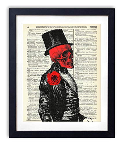 Gentleman Skeleton With Red Skull and Rose Vintage Upcycled Dictionary Art Print 8x10 inches  Unframed