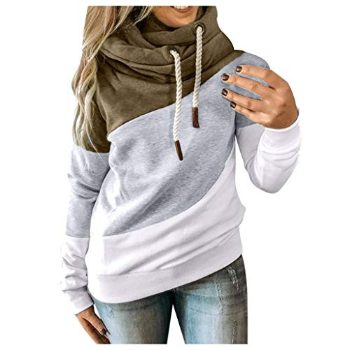 WUAI-Women Plus Size Cowl Neck Color Block Striped Tunic Sweatshirt Drawstring Loose Hoodie Pullover Casual Tops Army Green