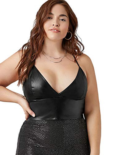 SheIn Women s Plus V Neck Crisscross Back Sleeveless Camisole PU Leather Crop Cami Tops Black 4X-Large Plus