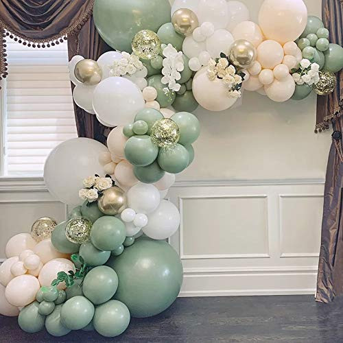 GIHOO Sage Green Balloon Garland Arch Kit 143pcs Avocado Green Balloon with White Balloons Gold Metallic Latex and Confetti Balloons for Wedding Birthday Party Baby Shower Party Background Decoration