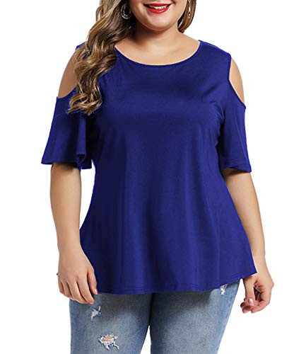 LALAGEN Women Plus Size Short Sleeve Flare Peplum Blouse Top Blue Cold Shoulder 3X