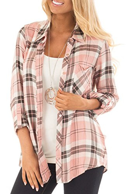 Jug and Po Womens Casual Cuffed 3 4 Long Sleeve Plaid Button Down Shirts Blouse Tops  Large  SZ Pink