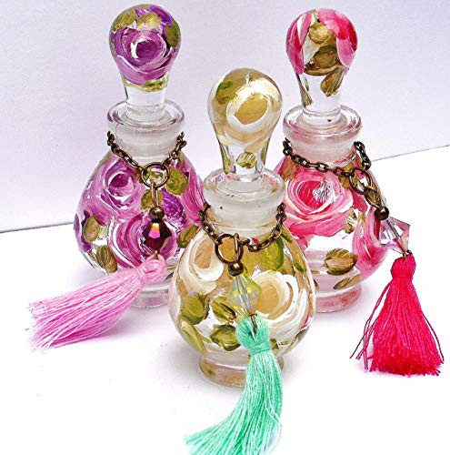 Decorative Painted Roses Small Mini Glass Perfume Bottle with Stopper Cap Romantic Rose Victorian Boho Chic Decor