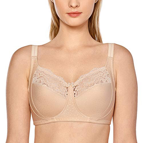 DELIMIRA Women s Wireless Plus Size Bras Full Coverage Lace Cotton Unlined Bra Beige 38E