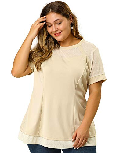 Agnes Orinda Women s Plus Size Peplum Tops Round Neck Swing Mesh Lace Top 1X Beige