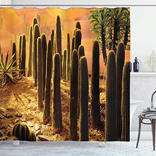 Ambesonne Cactus Shower Curtain  Sunset in The Wild Nature Hot Desert Botanic Mexican Trees Leaves Sand Photo Image  Cloth Fabric Bathroom Decor Set with Hooks  70 inch Long  Orange Green