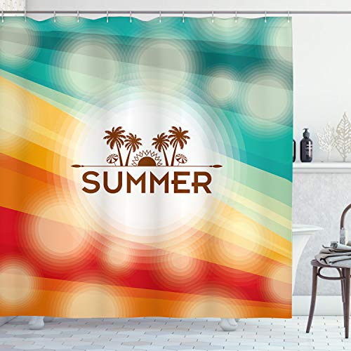 Ambesonne Summer Shower Curtain  Tropical Holiday Background with Palm Tree and Sun Exotic Vacation  Cloth Fabric Bathroom Decor Set with Hooks  70 inch Long  Scarlet Orange