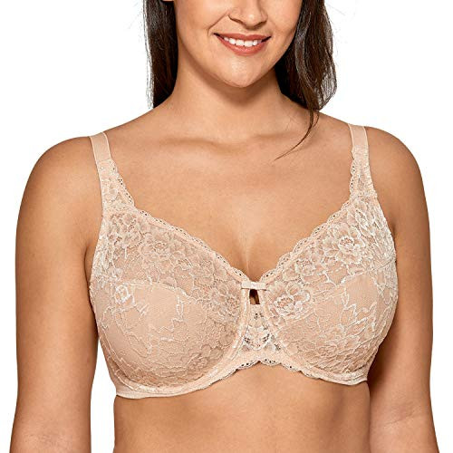 DELIMIRA Women s Lace Unlined Full Coverage Minimizer Underwire Bra Beige 40G