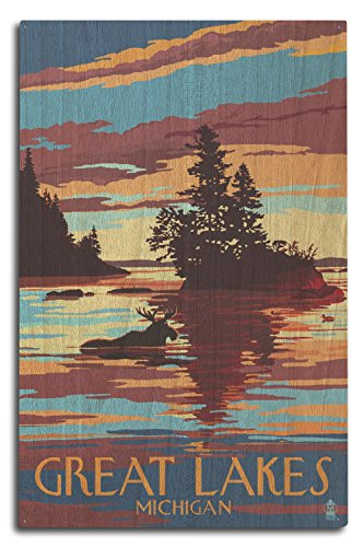 Lantern Press Great Lakes  Michigan - Moose Swimming at Sunset  10x15 Wood Wall Sign  Wall Decor Ready to Hang