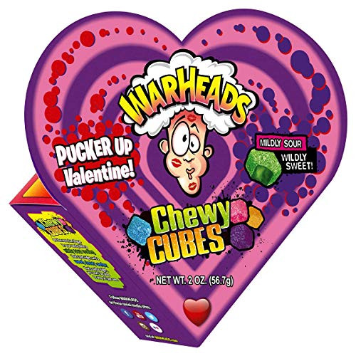 Valentines Day Warheads Cubes Sour Hard Candy in a 2 Ounce Heart Gift Box - 12 Count Case