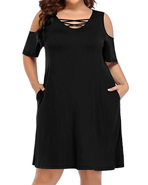 Plus Size Sundresses for Women Black Cold Shoulder Casual Beach T Shirt Dress Criss-Cross Neck Tunic Loose Dress Pockets