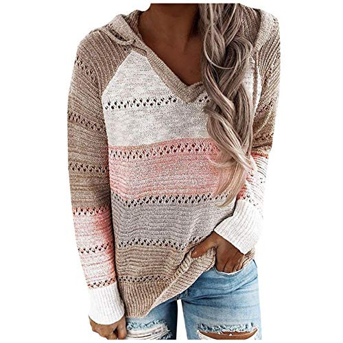 Womens Color Block Long Sleeve Hollow Out Hoodies Fuzzy Pullover Sweaters Casual Striped V Neck Pullovers Sweatshirts Tops Pink