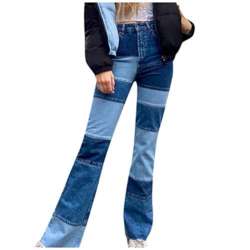 Women s Patchwork Jeans Pants Hight Waist Distressed Straight Style Jeans Vintage Color Block Denim Pencil Trousers
