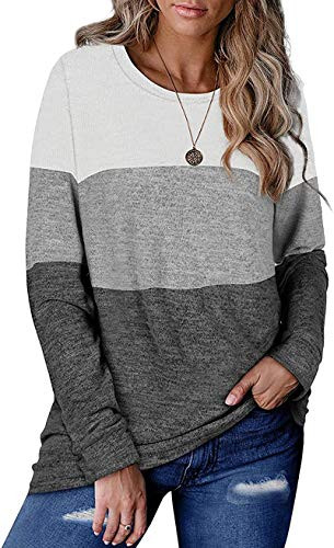 Women Long Sleeve Tops Shirts Block Casual Stripe Print Round Necks Blouse Loose Tunic S-XXL Grey
