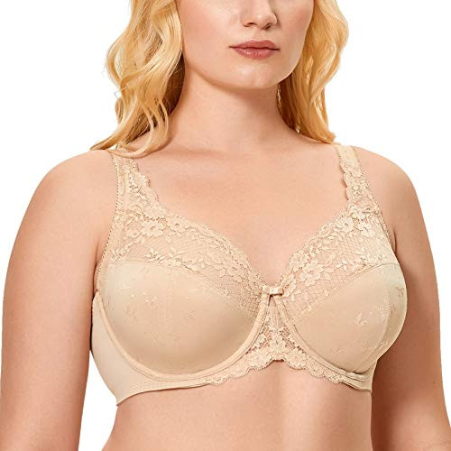 DELIMIRA Women s Lace Plus Size Bra Minimizer Unlined Underwire Full Coverage Beige 38K