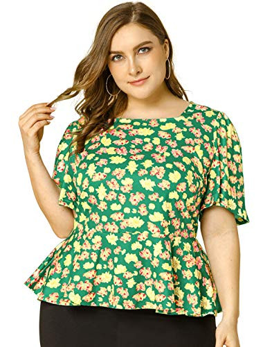 Agnes Orinda Women s Plus Size Blouse Floral Top Square Neck Peplum Tops Green 2X