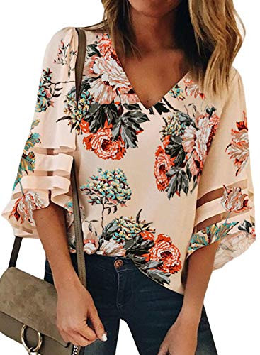 AlvaQ Women Casual V Neck Chiffon Blouse 3 4 Bell Sleeve Loose Floral Print Top Shirt Plus Size Apricot 2X