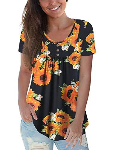 CPOKRTWSO Women s Plus Size Blouses 3X Short Sleeve Henley Shirts Button Up Sun Flower Pleated Tunic Tops  Flower15