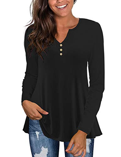 Tralilbee Women s Plus Size Tunic Tops Long Sleeve Casual Floral Henley Shirt Black 2XL