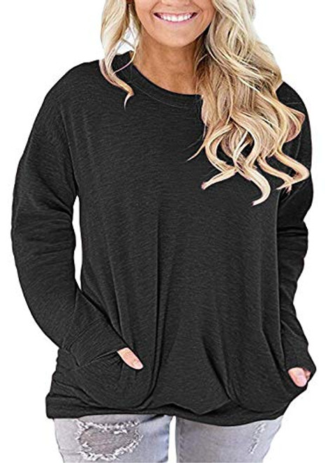 PLOKNRD Women Plus Size Casual Round Neck Long Sleeve Fit Tunic Top Baggy Comfy Blouse with Pockets 24W Black PLOKNRD Women Plus Size Casual Round Neck Long Sleeve Fit Tunic Top Baggy Comfy Blouse with Pockets 24W Black