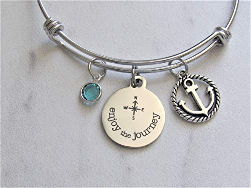 Enjoy The Journey Adjustable Stainless Steel Bangle Charm Bracelet With Anchor Charm  and  Swarovski Birthstone Crystal Graduation or New Adventure Bracelet