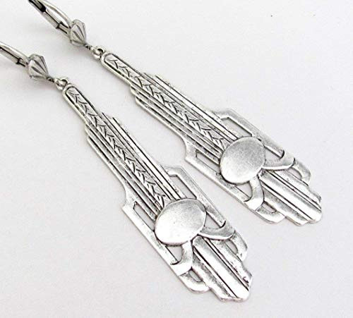 Art Deco Design Earrings Long Chandelier Drops Antiqued Silver-tone Art Deco Design Earrings Long Chandelier Drops Antiqued Silver-tone