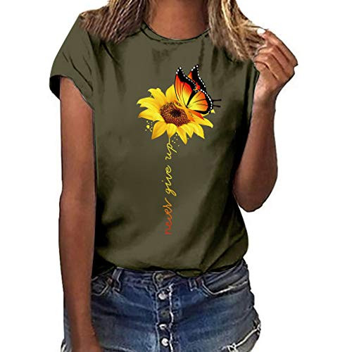 Meikosks Womens Sunflower Print Tops Crewneck Short Sleeve Blouses Summer Casual T Shirt Army Green