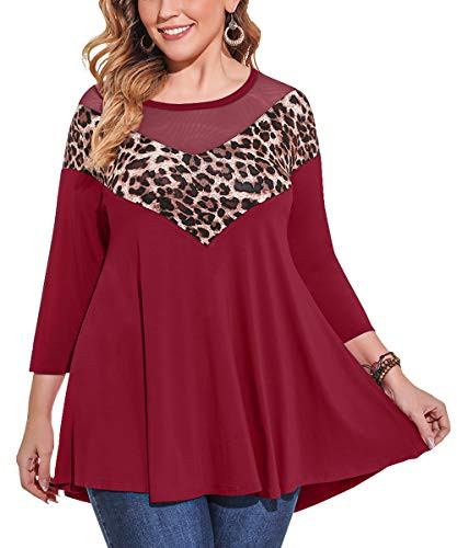 LARACE Plus Size Women Leopard Tops Mesh V-Neck Patchwork Tunics 3 4 Sleeve Shirts Wine Red 3X