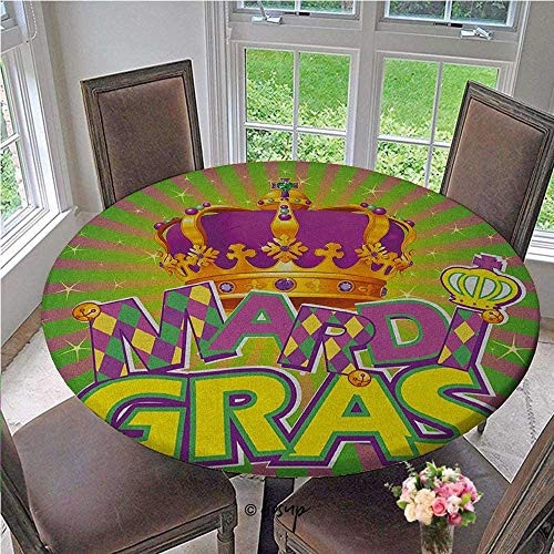Elasticized Table Cover Antique Crown on Vintage Radial Backdrop Lettering with Checkered Fitted Elastic No-Slip Tablecloths The Ultimate Protection for Your Table Purple Gold Diameter - 39 Inch