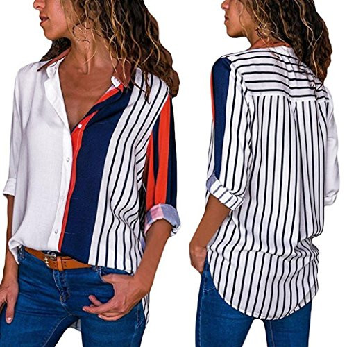 iDWZA Womens Casual Fashion Long Sleeve Color Block Stripe Button Tops Blouse T Shirt  Multicolor  XL