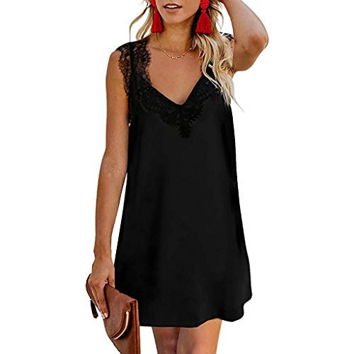 F_Gotal Women Lace Spaghetti Strap V Neck Sleeveless Casual Mini Dress Pleated Dress Beach Sundress Party Cocktail Black F_Gotal Women Lace Spaghetti Strap V Neck Sleeveless Casual Mini Dress Pleated Dress Beach Sundress Party Cocktail Black