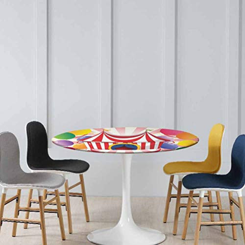 ThinkingPower Round Table Cover Cartoon of Circus Tent with Colorful Balloons Striped Background Nice Fitted Tablecloth The Ultimate Protection for Your Table Diameter - 39 Inch