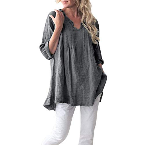 HIRIRI Women Loose Fit Pleated Tunic Shirts Casual Solid Long Sleeve V-Neck Ruffled Pullover Tops Blouse Gray