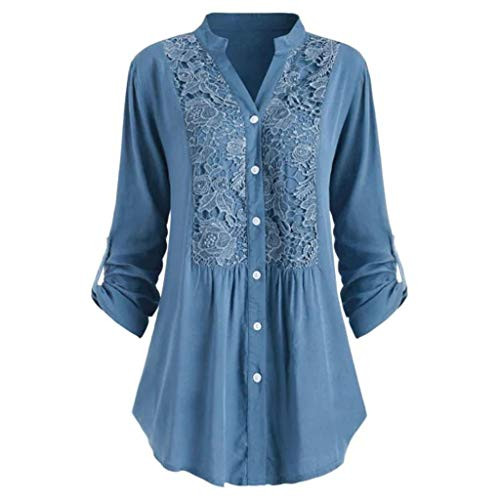 Misaky Women s Long Sleeve Tops Solid Color Lace V-Neck Button Casual Loose Plus Size Tunic Blouse Shirts Blue  M