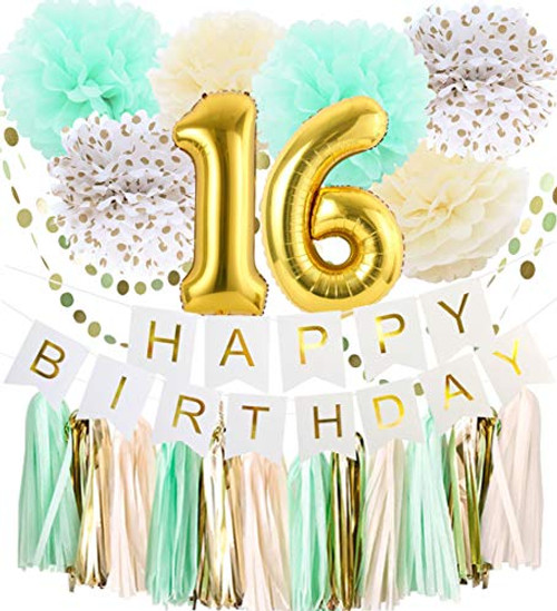 HappyField Mint Cream Gold 16th Birthday Party Decoration with 16 Balloons Happy Birthday Banner Tissue Paper Tassel Tissue Pom Poms Paper Circle Garland 16th Bday Decorations Birthday Party Supplies HappyField Mint Cream Gold 16th Birthday Party Decoration with 16 Balloons Happy Birthday Banner Tissue Paper Tassel Tissue Pom Poms Paper Circle Garland 16th Bday Decorations Birthday Party Supplies