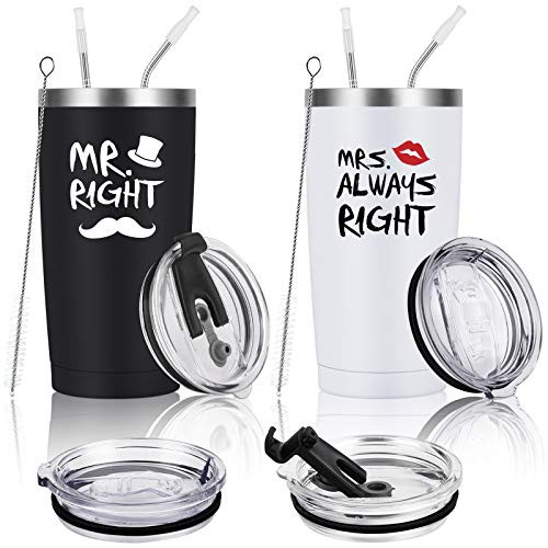 Mr. Right Mrs. Always Right Travel Tumbler Set  Wedding Engagement Gifts for Husband Wife Newlywed Couples Bride Groom Anniversary Bridal Shower  20oz Stainless Steel Travel Tumbler  Black and White