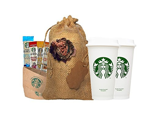Starbucks Travel Coffee Reusable Recyclable Cups With Lids  Sleeves  Via Instant Coffee Sampler Gift Set Bundle With Burlap Bag  Rustic Gifts For Mom  Coffee Lovers  Birthdays  Anniversaries.