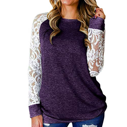 aihihe Plus Size Pullover Sweater for Women Lace Patchwork Long Sleeve Blouse Tops Casual Crew Neck Tunic Tops Fall Purple