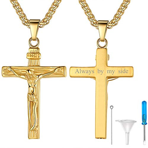 Engravable Jesus Cross Cremation Necklace Urn Jewelry for Human Pet Ashes Personalized Men Women INRI Crucifix Pendant with Chain 22