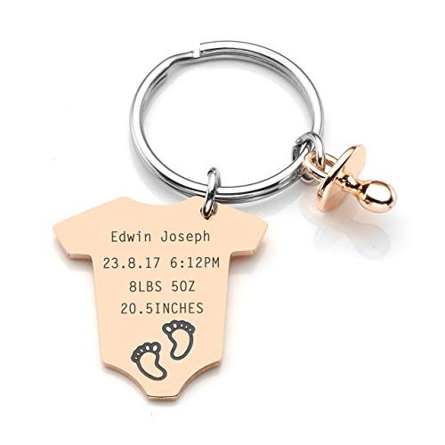 JOVIVI Personalized Custom Baby Statistics Jumpsuits Pacifier Charm Footprint Birth Announcement Keychain Key Ring Baby Shower Gift for New Parents
