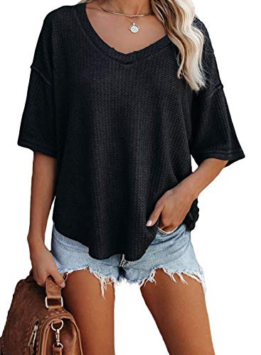 AlvaQ Women Tops Summer Short Sleeve V Neck Waffle Knit Tunic Shirt Blouses Plus Size Black 1x