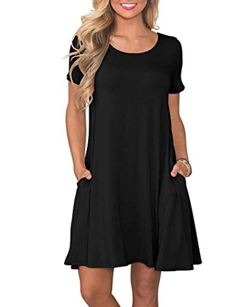 WNEEDU Women s Summer Plus Size Dresses Casual T Shirt Swing Dresses with Pockets Black XL