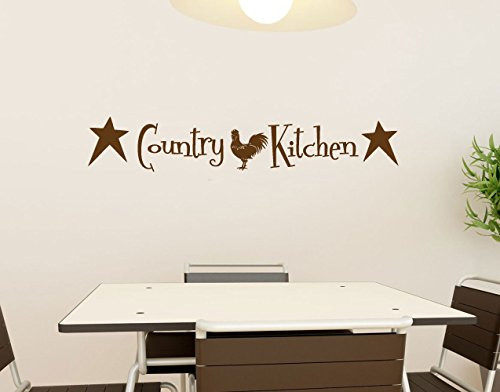 Country Kitchen with Primitive Stars and Rooster Vinyl Wall Words Decal Sticker Graphic