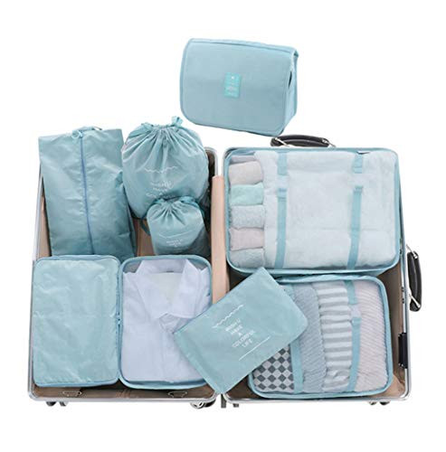 Belsmi 9 Set Packing Cubes With Shoe Bag - Compression Travel Luggage Organizer  9pcs Blue