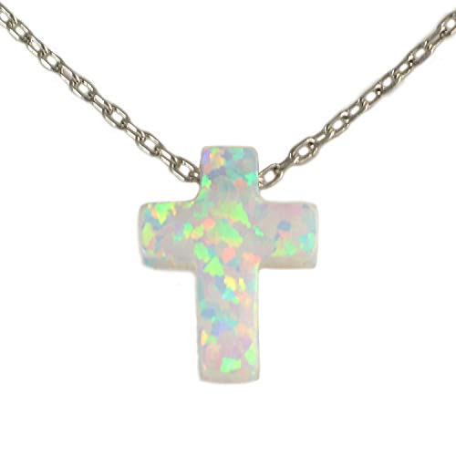 Women s Mini White Created Opal Cross Tiny Pendant Necklace with 925 Sterling Silver Chain 16 plus2 inches - Gift for Women