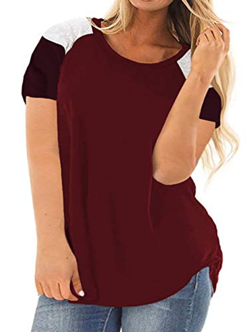 ROSRISS Womens Plus Size Casual Short Sleeve Tunics Color Block Crewneck T Shirt Wine Red 18W