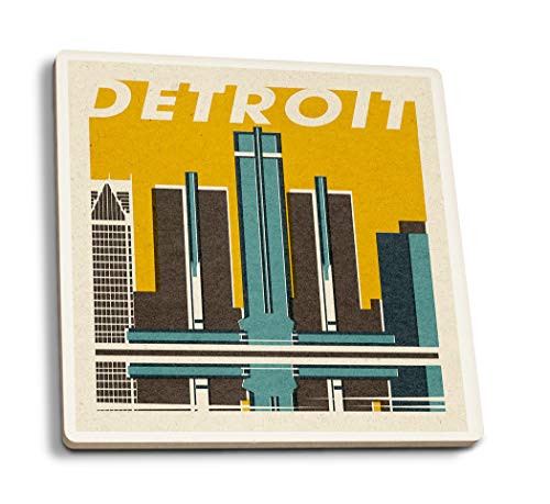 Lantern Press Detroit  Michigan - Woodblock  Set of 4 Ceramic Coasters - Cork-Backed  Absorbent